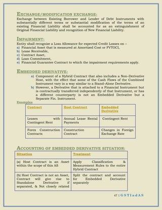 47 | G S T I n d A S
EXCHANGE/MODIFICATION EXCHANGE:
Exchange between Existing Borrower and Lender of Debt Instruments with
substantially different terms or substantial modification of the terms of an
existing Financial Liability shall be accounted for as an extinguishment of
Original Financial Liability and recognition of New Financial Liability.
IMPAIRMENT:
Entity shall recognize a Loss Allowance for expected Credit Losses on –
a) Financial Asset that is measured at Amortized Cost or FVTOCI,
b) Lease Receivable,
c) Contract Asset,
d) Loan Commitment,
e) Financial Guarantee Contract to which the impairment requirements apply.
EMBEDDED DERIVATIVE:
a) Component of a Hybrid Contract that also includes a Non–Derivative
Host, with the effect that some of the Cash Flows of the Combined
Instrument vary in a way similar to a Stand–Alone Derivative.
b) However, a Derivative that is attached to a Financial Instrument but
is contractually transferred independently of that Instrument, or has
a different counterparty is not an Embedded Derivative but a
Separate Fin. Instrument.
Examples
Contract Host Contract Embedded
Derivative
Leases with
Contingent Rent
Annual Lease Rental
Payments
Contingent Rent
Forex Construction
Contracts
Construction
Contract
Changes in Foreign
Exchange Rate
ACCOUNTING OF EMBEDDED DERIVATIVE SITUATION:
SSiittuuaattiioonn TTrreeaattmmeenntt
(a) Host Contract is an Asset
within the scope of this AS
Apply Classification &
Measurement Rules to the entire
Hybrid Contract
(b) Host Contract is not an Asset,
Contract will give rise to
Standalone Derivative if
separated, & Not closely related
Split the contract and account
for Embedded Derivative
separately
 