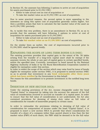 9 | G S T I n d A S
In Section 55, the assessee has following 2 options to arrive at cost of acquisition
for assets purchased prior to 01/04/1981:
 Either to take actual cost as cost of acquisition or
 To take fair market value as on 01/04/1981 as cost of acquisition.
Due to some practical reasons, the second option is more appealing to the
assessees as using this option cost of acquisition generally comes higher, but
then a problem arises that how to calculate the fair market value of the asset as
on 01/04/1981 precisely.
So, to tackle this very problem, there is an amendment in Section 55, so as to
provide that the assessee will have following 2 options to arrive at cost of
acquisition for assets purchased prior to 01/04/2001:
 Either to take actual cost as cost of acquisition or
 To take fair market value as on 01/04/2001 as cost of acquisition.
On the similar lines as earlier, the cost of improvements incurred prior to
01/04/2001 shall be ignored totally.
EXPANDING THE SCOPE OF LONG TERM BONDS U/S 54EC:
The existing provision provides that capital gain to the extent of Rs. 50 lakhs
arising from the transfer of a long-term capital asset shall be exempt if the
assessee invests the whole or any part of capital gains in certain specified bonds,
within the specified time. Currently, investment in bond issued by the National
Highway Authority of India or by the Rural Electrification Corporation Limited is
eligible for exemption under this section.
In order to widen the scope of the section which may raise fund by issue of bonds
eligible for exemption under section 54EC, it is proposed to amend section 54EC
so as to provide that investment in any bond redeemable after three years
which has been notified by the Government in this behalf.
The reason for this amendment is to promote investment in the notified long term
bonds.
INSERTION OF NEW SECTION 50CA:
Under the existing provisions of the Act, income chargeable under the head
“Capital Gains” is computed by taking into the account the amount of the full
value of consideration received or accrued on transfer of a capital asset. In order
to ensure that the full value of consideration is not understated, the Act also
contained provisions for deeming of stamp duty value as full value of
consideration for transfer of immovable property in certain cases.
In order to rationalize the provisions relating to deeming of full value of
consideration for computation of income under the head “Capital Gains”, it is
proposed to insert a new section 50CA to provide that where consideration for
transfer of a share of a company (other than quoted share) is less than the fair
market value (FMV) of such share, the FMV shall be deemed to be the full value
 