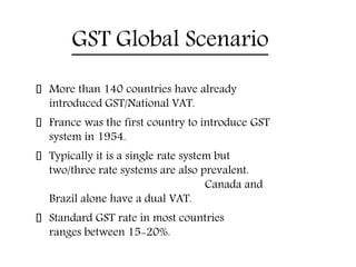 GST Global Scenario
More than 140 countries have already
introduced GST/National VAT.
France was the first country to introduce GST
system in 1954.
Typically it is a single rate system but
two/three rate systems are also prevalent.
Canada and
Brazil alone have a dual VAT.
Standard GST rate in most countries
ranges between 15-20%.
 