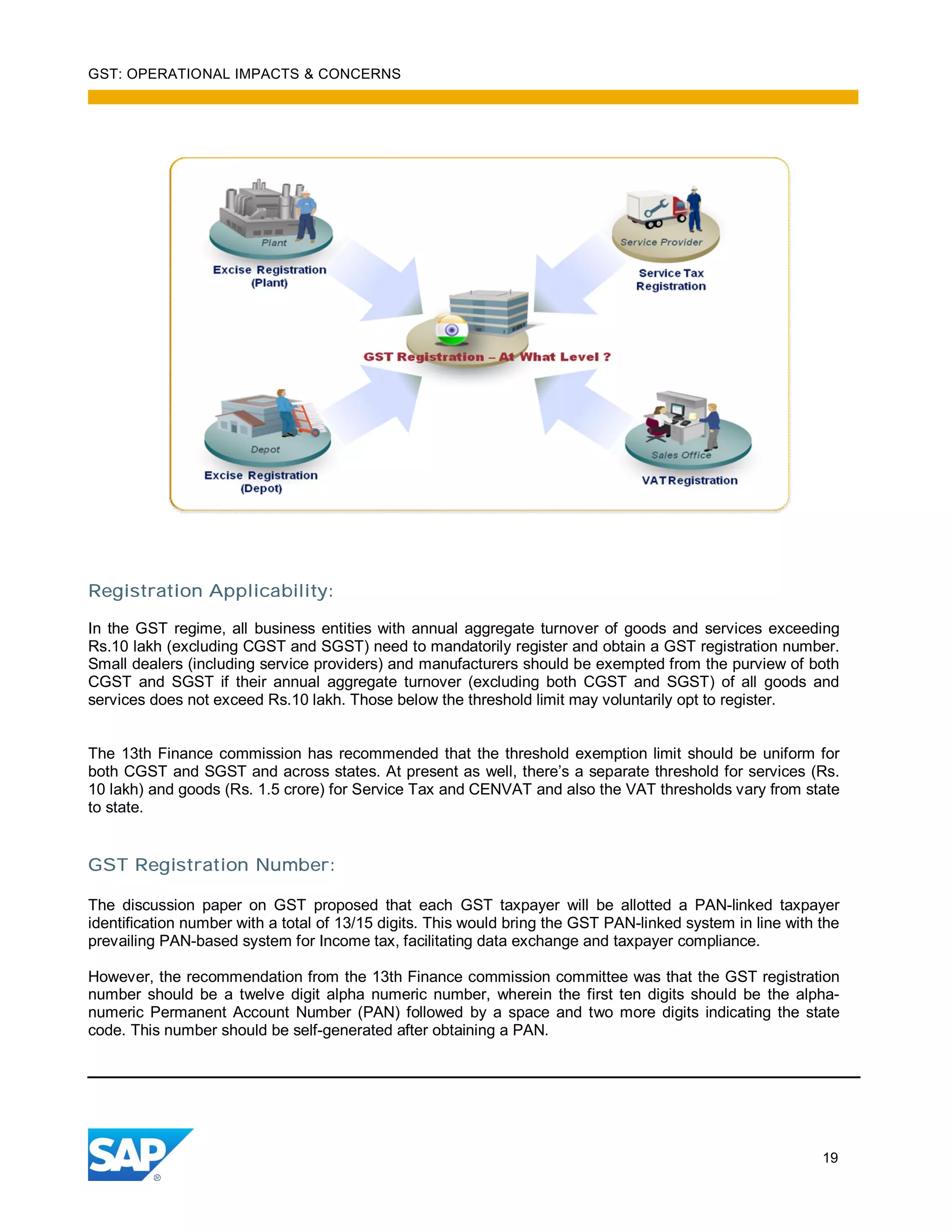 GST: OPERATIONAL IMPACTS & CONCERNS
19
Registration Applicability:
In the GST regime, all business entities with annual aggregate turnover of goods and services exceeding
Rs.10 lakh (excluding CGST and SGST) need to mandatorily register and obtain a GST registration number.
Small dealers (including service providers) and manufacturers should be exempted from the purview of both
CGST and SGST if their annual aggregate turnover (excluding both CGST and SGST) of all goods and
services does not exceed Rs.10 lakh. Those below the threshold limit may voluntarily opt to register.
The 13th Finance commission has recommended that the threshold exemption limit should be uniform for
both CGST and SGST and across states. At present as well, there’s a separate threshold for services (Rs.
10 lakh) and goods (Rs. 1.5 crore) for Service Tax and CENVAT and also the VAT thresholds vary from state
to state.
GST Registration Number:
The discussion paper on GST proposed that each GST taxpayer will be allotted a PAN-linked taxpayer
identification number with a total of 13/15 digits. This would bring the GST PAN-linked system in line with the
prevailing PAN-based system for Income tax, facilitating data exchange and taxpayer compliance.
However, the recommendation from the 13th Finance commission committee was that the GST registration
number should be a twelve digit alpha numeric number, wherein the first ten digits should be the alpha-
numeric Permanent Account Number (PAN) followed by a space and two more digits indicating the state
code. This number should be self-generated after obtaining a PAN.
 