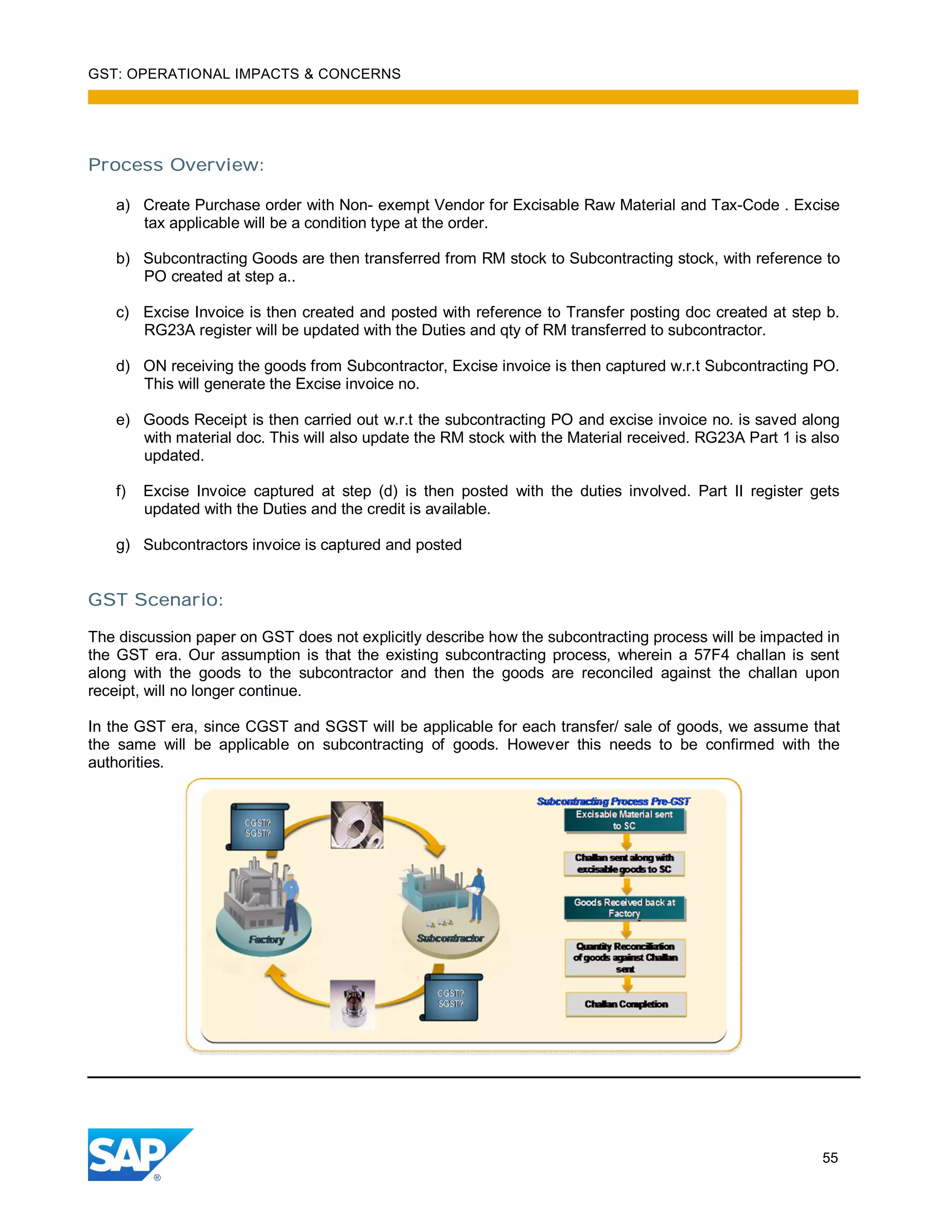 GST: OPERATIONAL IMPACTS & CONCERNS
55
Process Overview:
a) Create Purchase order with Non- exempt Vendor for Excisable Raw Material and Tax-Code . Excise
tax applicable will be a condition type at the order.
b) Subcontracting Goods are then transferred from RM stock to Subcontracting stock, with reference to
PO created at step a..
c) Excise Invoice is then created and posted with reference to Transfer posting doc created at step b.
RG23A register will be updated with the Duties and qty of RM transferred to subcontractor.
d) ON receiving the goods from Subcontractor, Excise invoice is then captured w.r.t Subcontracting PO.
This will generate the Excise invoice no.
e) Goods Receipt is then carried out w.r.t the subcontracting PO and excise invoice no. is saved along
with material doc. This will also update the RM stock with the Material received. RG23A Part 1 is also
updated.
f) Excise Invoice captured at step (d) is then posted with the duties involved. Part II register gets
updated with the Duties and the credit is available.
g) Subcontractors invoice is captured and posted
GST Scenario:
The discussion paper on GST does not explicitly describe how the subcontracting process will be impacted in
the GST era. Our assumption is that the existing subcontracting process, wherein a 57F4 challan is sent
along with the goods to the subcontractor and then the goods are reconciled against the challan upon
receipt, will no longer continue.
In the GST era, since CGST and SGST will be applicable for each transfer/ sale of goods, we assume that
the same will be applicable on subcontracting of goods. However this needs to be confirmed with the
authorities.
 
