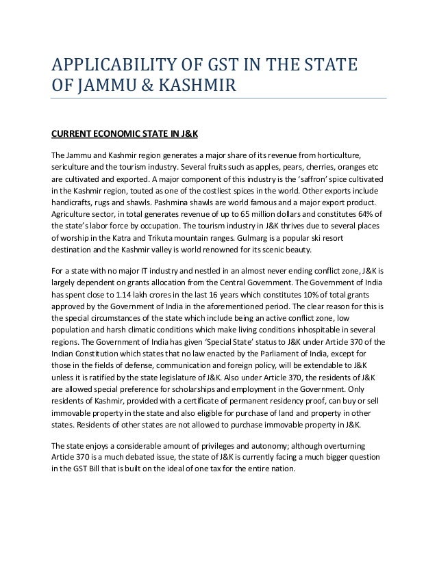 Applicability of GST in the State of Jammu & Kashmir
