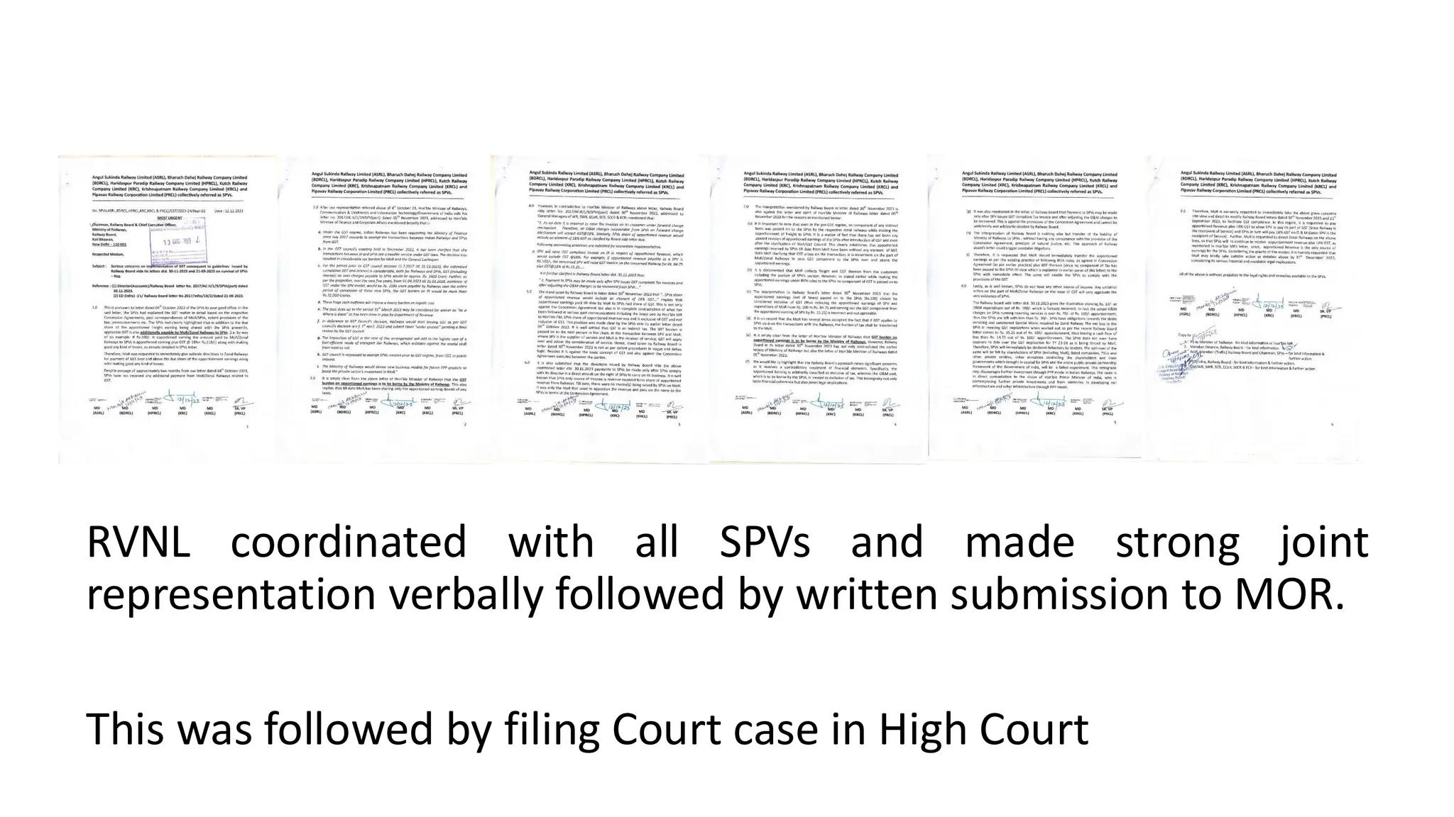 RVNL coordinated with all SPVs and made strong joint
representation verbally followed by written submission to MOR.
This was followed by filing Court case in High Court
 