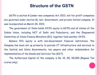 Structure of the GSTN
GSTN is section 8 (under new companies Act 2013, not for profit companies
are governed under section...