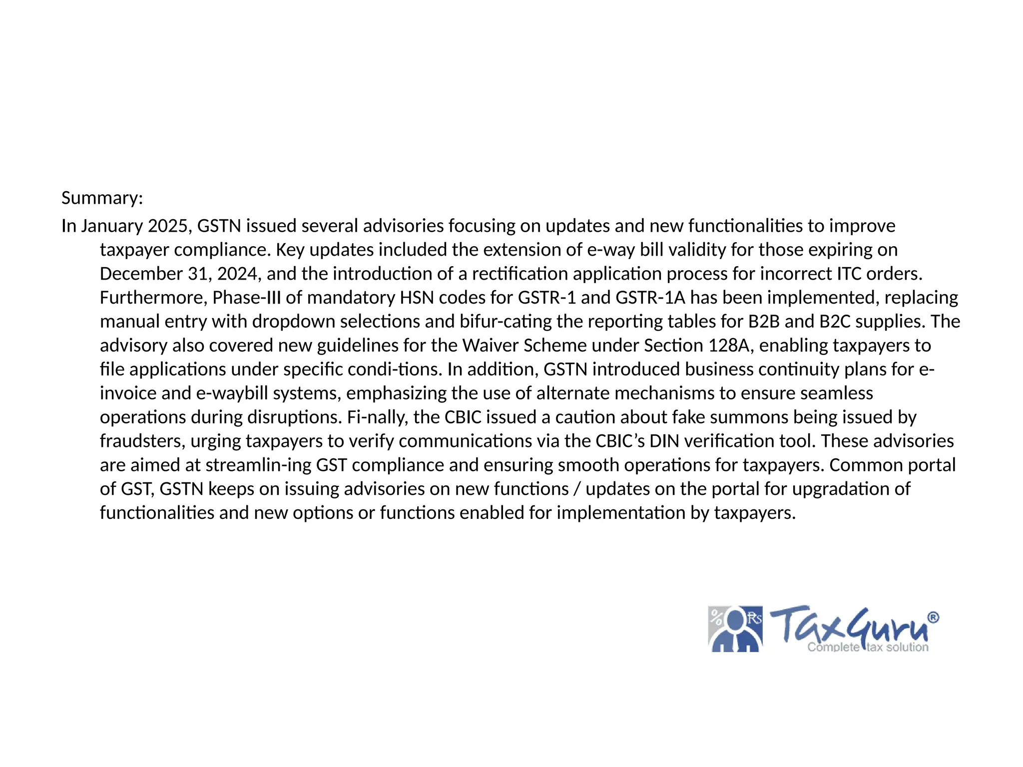 GSTN Advisories on E-Way Bills, HSN Codes, Rectification, GSTR-2B ...