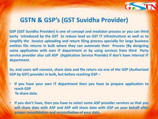 GSTN & GSP’s (GST Suvidha Provider)
GSP (GST Suvidha Provider) is one of concept and mediator process or you can third
party introduced by the GST to reduce load on GST IT infrastructure as well as to
simplify the Invoice uploading and return filing process specially for large business
entities file returns in bulk where they can automate their Process (By designing
some application with own IT department or by using services from third Party
service provider also call ASP (Application Service Provide) if don’t have internal IT
department.
So, end users will connect, share data and file return via one of the GSP (Authorized
GSP by GST) provider in bulk, but before reaching GSP –
• If you have your own IT department then you have to prepare application to
reach GSP
To share data.
• If you don’t have, then you have to select some ASP provider services so that you
will share data with ASP and ASP will share data with GSP on your behalf after
proper consolidation and reconciliation of your data.
 