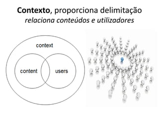 Contexto, proporciona delimitação
  relaciona conteúdos e utilizadores
 