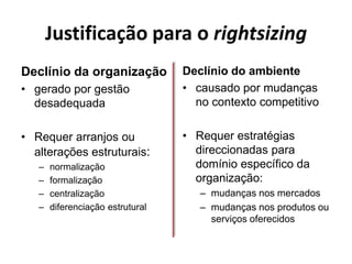 Justificação para o rightsizing
Declínio da organização           Declínio do ambiente
• gerado por gestão               • causado por mudanças
  desadequada                       no contexto competitivo

• Requer arranjos ou              • Requer estratégias
  alterações estruturais:           direccionadas para
   –   normalização                 domínio específico da
   –   formalização                 organização:
   –   centralização                 – mudanças nos mercados
   –   diferenciação estrutural      – mudanças nos produtos ou
                                       serviços oferecidos
 