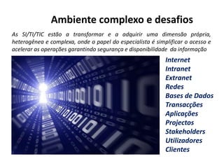 Ambiente complexo e desafios
As SI/TI/TIC estão a transformar e a adquirir uma dimensão própria,
heterogênea e complexa, onde o papel do especialista é simplificar o acesso e
acelerar as operações garantindo segurança e disponibilidade da informação
                                                           Internet
                                                                Diversas
                                                               Aplicações
                                                           Intranet
                                                           Extranet
                                                           Redes
                                                           Bases de Dados
                                                           Transacções
                                                           Aplicações
                                                           Projectos
                                                           Stakeholders
                                                           Utilizadores
                                                           Clientes
 