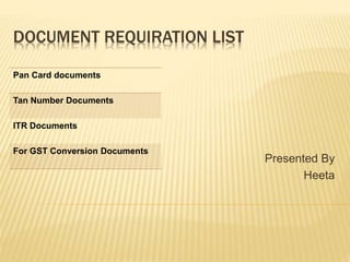 DOCUMENT REQUIRATION LIST
Presented By
Heeta
Pan Card documents
Tan Number Documents
ITR Documents
For GST Conversion Documents
 