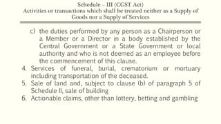 Schedule – III (CGST Act)
Activities or transactions which shall be treated neither as a Supply of
Goods nor a Supply of Services
c) the duties performed by any person as a Chairperson or
a Member or a Director in a body established by the
Central Government or a State Government or local
authority and who is not deemed as an employee before
the commencement of this clause.
4. Services of funeral, burial, crematorium or mortuary
including transportation of the deceased.
5. Sale of land and, subject to clause (b) of paragraph 5 of
Schedule II, sale of building
6. Actionable claims, other than lottery, betting and gambling
 