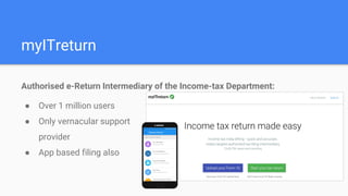 myITreturn
Authorised e-Return Intermediary of the Income-tax Department:
● Over 1 million users
● Only vernacular support
provider
● App based filing also
 