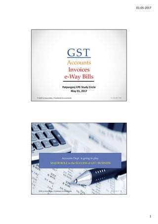 01-05-2017
1
GST
Accounts
Invoices
e-Way Bills
Patparganj CPE Study Circle
May 01, 2017
01-05-2017 1SSAR & Associates, Chartered Accountants
01-05-2017 2SSAR & Associates, Chartered Accountants
Accounts Dept. is going to play
MAJOR ROLE in the SUCCESS of GST / BUSINESS
 