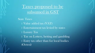 Taxes proposed to be
subsumed in GST
State Taxes
Value added tax (VAT)
Entertainment tax levied by states
Luxury Tax
Tax on Lottery, betting and gambling
Entry tax other than for local bodies
(Octroi)
 