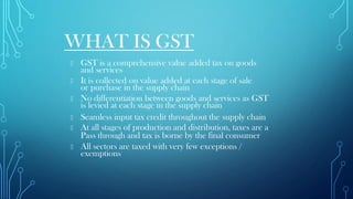 WHAT IS GST
GST is a comprehensive value added tax on goods
and services
It is collected on value added at each stage of sale
or purchase in the supply chain
No differentiation between goods and services as GST
is levied at each stage in the supply chain
Seamless input tax credit throughout the supply chain
At all stages of production and distribution, taxes are a
Pass through and tax is borne by the final consumer
All sectors are taxed with very few exceptions /
exemptions
 