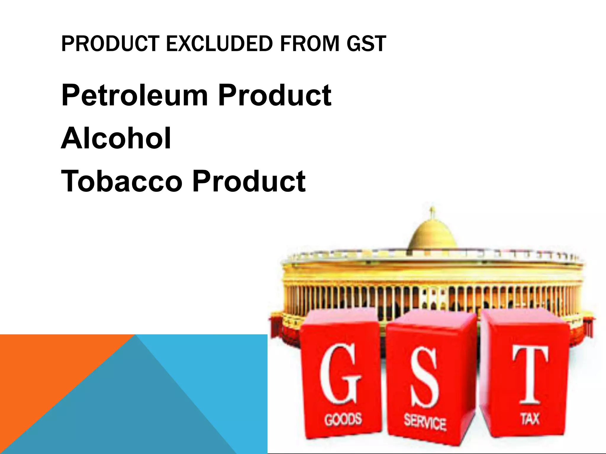 PRODUCT EXCLUDED FROM GST
Petroleum Product
Alcohol
Tobacco Product
 