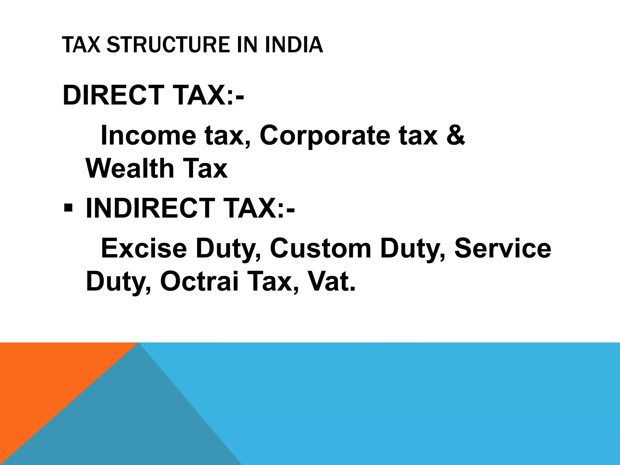 TAX STRUCTURE IN INDIA
DIRECT TAX:-
Income tax, Corporate tax &
Wealth Tax
 INDIRECT TAX:-
Excise Duty, Custom Duty, Service
Duty, Octrai Tax, Vat.
 