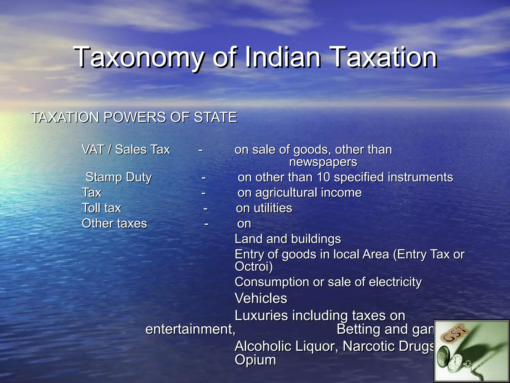 Taxonomy of Indian Taxation
TAXATION POWERS OF STATE

     VAT / Sales Tax   -     on sale of goods, other than
                                        newspapers
      Stamp Duty       -     on other than 10 specified instruments
     Tax               -     on agricultural income
     Toll tax          -     on utilities
     Other taxes        -    on
                             Land and buildings
                             Entry of goods in local Area (Entry Tax or
                             Octroi)
                             Consumption or sale of electricity
                             Vehicles
                             Luxuries including taxes on
               entertainment,                 Betting and gambling
                             Alcoholic Liquor, Narcotic Drugs and
                             Opium
 