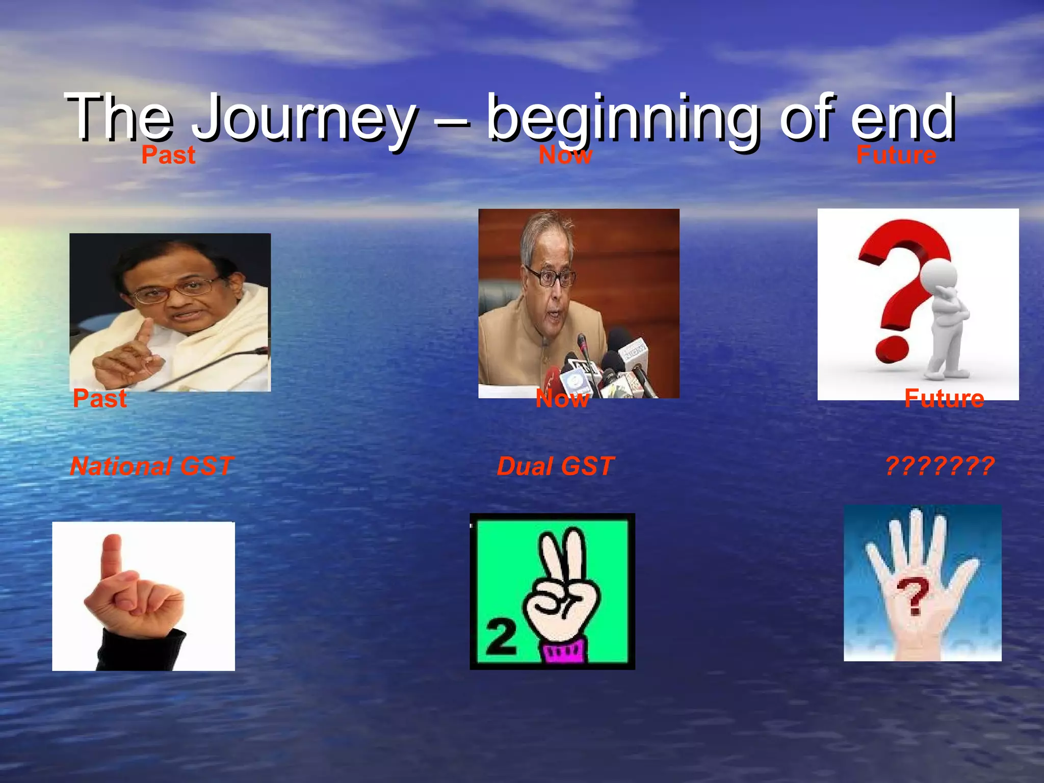 The Journey – beginning of end
  Past          Now        Future




Past             Now           Future

National GST   Dual GST       ???????
 