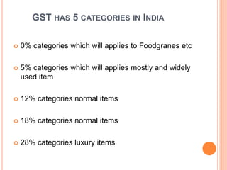 GST HAS 5 CATEGORIES IN INDIA
 0% categories which will applies to Foodgranes etc
 5% categories which will applies mostly and widely
used item
 12% categories normal items
 18% categories normal items
 28% categories luxury items
 