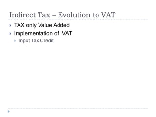 Indirect Tax – Evolution to VAT



TAX only Value Added
Implementation of VAT


Input Tax Credit

 