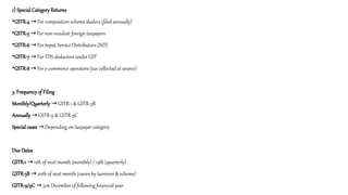 c) Special Category Returns
•GSTR-4 For composition scheme dealers (filed annually)
→
•GSTR-5 For non-resident foreign taxpayers
→
•GSTR-6 For Input Service Distributors (ISD)
→
•GSTR-7 For TDS deductors under GST
→
•GSTR-8 For e-commerce operators (tax collected at source)
→
3. Frequency of Filing
Monthly/Quarterly GSTR-1 & GSTR-3B
→
Annually GSTR-9 & GSTR-9C
→
Special cases Depending on taxpayer category
→
Due Dates
GSTR-1 11th of next month (monthly) / 13th (quarterly)
→
GSTR-3B 20th of next month (varies by turnover & scheme)
→
GSTR-9/9C 31st December of following financial year
→
 
