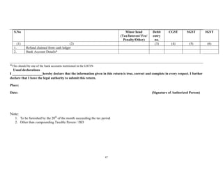 47
S.No Minor head
(Tax/Interest/ Fee/
Penalty/Other)
Debit
entry
no.
CGST SGST IGST
(1) (2) (3) (4) (5) (6)
1. Refund claimed from cash ledger
2. Bank Account Details*
*This should be one of the bank accounts mentioned in the GSTIN
Usual declarations
I __________________hereby declare that the information given in this return is true, correct and complete in every respect. I further
declare that I have the legal authority to submit this return.
Place:
Date: (Signature of Authorized Person)
Note:
1. To be furnished by the 20th
of the month succeeding the tax period
2. Other than compounding Taxable Person / ISD
 