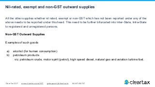 ClearTax GST www.cleartax.com/GST gstsupport@cleartax.in 080-67458707
All the other supplies whether nil rated, exempt or non-GST which has not been reported under any of the
above needs to be reported under this head. This need to be further bifurcated into Inter-State, Intra-State
to registered and unregistered persons.
Non-GST Outward Supplies
Examples of such goods
a) alcohol (for human consumption)
b) petroleum products
viz. petroleum crude, motor spirit (petrol), high speed diesel, natural gas and aviation turbine fuel.
Nil-rated, exempt and non-GST outward supplies
 