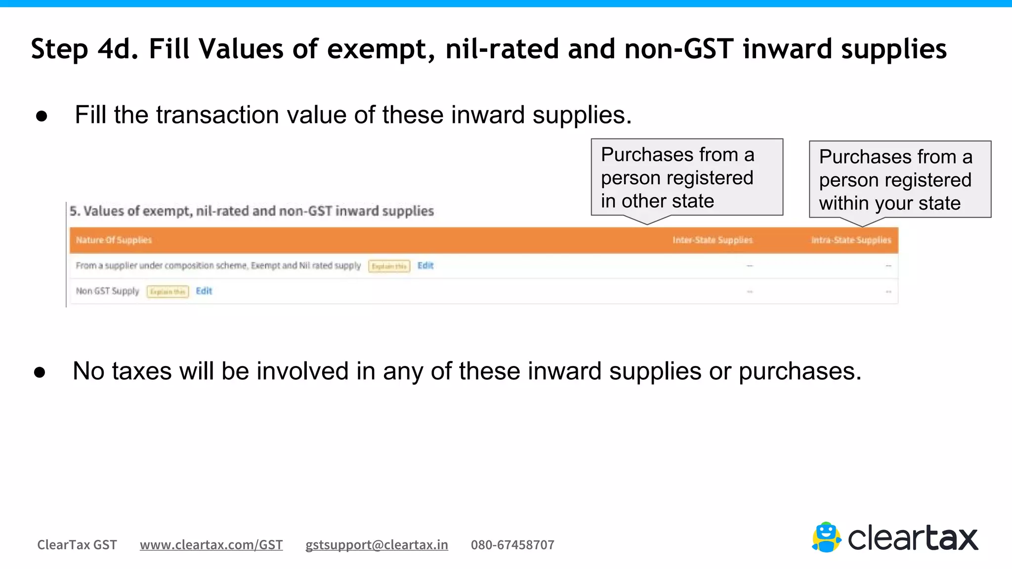 ClearTax GST www.cleartax.com/GST gstsupport@cleartax.in 080-67458707
Step 4d. Fill Values of exempt, nil-rated and non-GST inward supplies
● Fill the transaction value of these inward supplies.
Purchases from a
person registered
in other state
Purchases from a
person registered
within your state
● No taxes will be involved in any of these inward supplies or purchases.
 