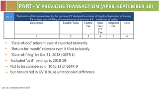 Let us understand the GST
PART- V PREVIOUS TRANSACTION (APRIL-SEPTEMBER 18)
• ‘Date-of-doc’ relevant even if reportedbelatedly
• ‘Return-for-month’ relevant even if filed belatedly
• ‘Date-of-filing’ by Oct 31, 2018 (GSTR 1)
• Included ‘as if’ belongs to2018-19:
– Not to be considered in 10 to 13 of GSTR 9
– But considered in GSTR 9C as unreconciled difference
 