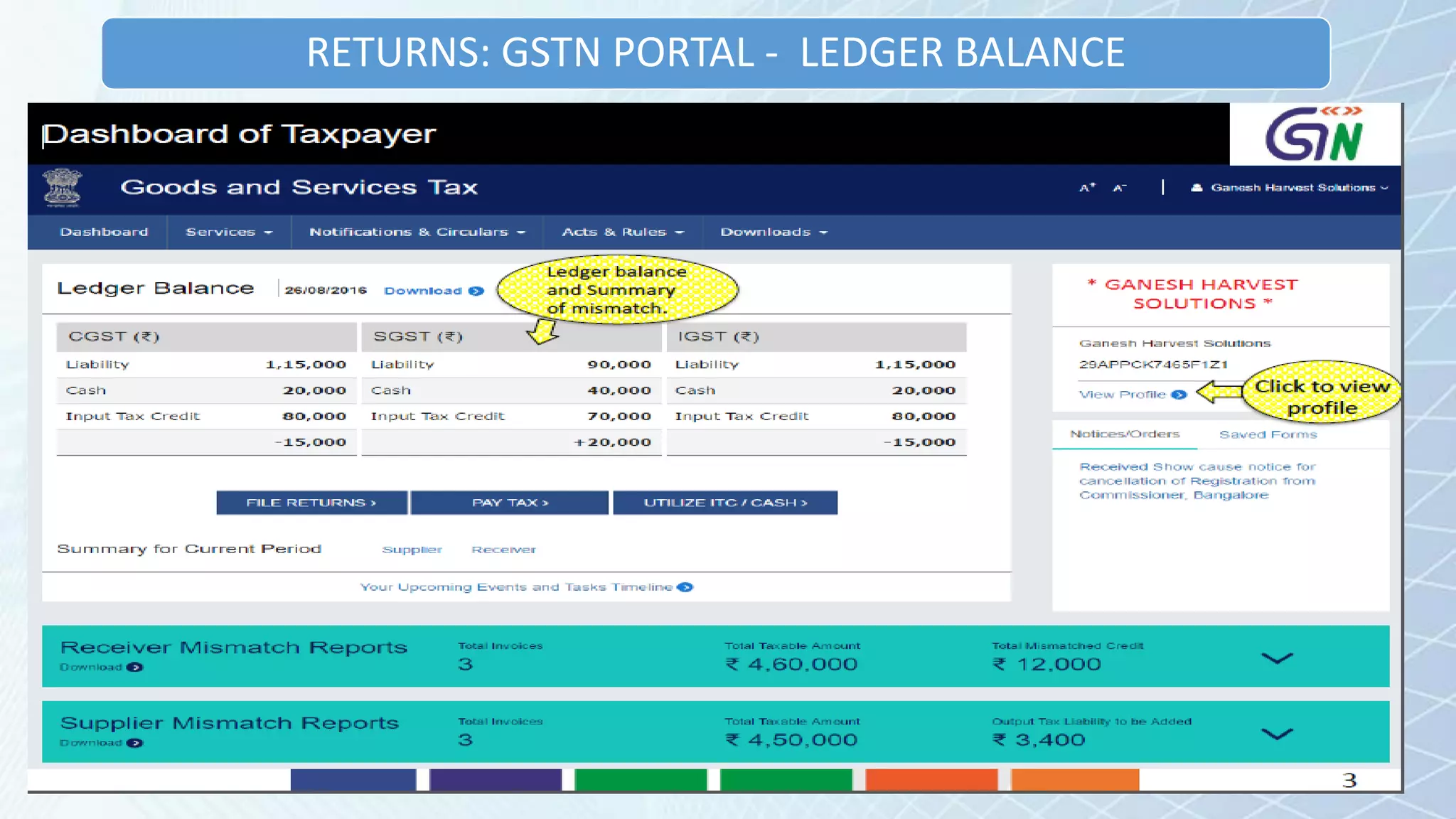 RETURNS: GSTN PORTAL - LEDGER BALANCE
 