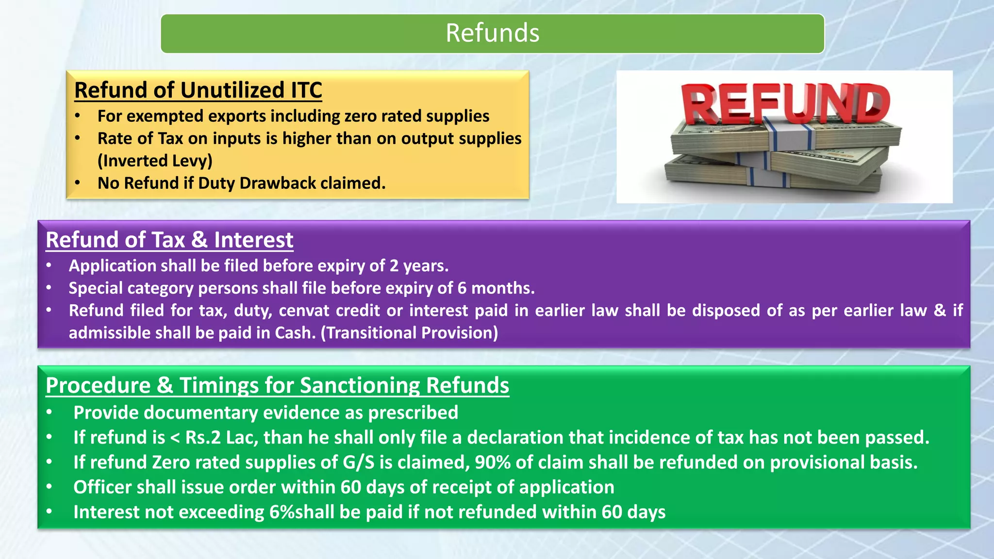 Refunds
Refund of Tax & Interest
• Application shall be filed before expiry of 2 years.
• Special category persons shall file before expiry of 6 months.
• Refund filed for tax, duty, cenvat credit or interest paid in earlier law shall be disposed of as per earlier law & if
admissible shall be paid in Cash. (Transitional Provision)
Procedure & Timings for Sanctioning Refunds
• Provide documentary evidence as prescribed
• If refund is < Rs.2 Lac, than he shall only file a declaration that incidence of tax has not been passed.
• If refund Zero rated supplies of G/S is claimed, 90% of claim shall be refunded on provisional basis.
• Officer shall issue order within 60 days of receipt of application
• Interest not exceeding 6%shall be paid if not refunded within 60 days
Refund of Unutilized ITC
• For exempted exports including zero rated supplies
• Rate of Tax on inputs is higher than on output supplies
(Inverted Levy)
• No Refund if Duty Drawback claimed.
 