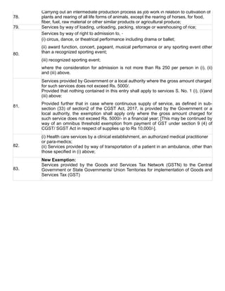 78.
Carrying out an intermediate production process as job work in relation to cultivation of
plants and rearing of all life forms of animals, except the rearing of horses, for food,
fiber, fuel, raw material or other similar products or agricultural produce;
79. Services by way of loading, unloading, packing, storage or warehousing of rice;
80.
Services by way of right to admission to, ‑
(i) circus, dance, or theatrical performance including drama or ballet;
(ii) award function, concert, pageant, musical performance or any sporting event other
than a recognized sporting event;
(iii) recognized sporting event;
where the consideration for admission is not more than Rs 250 per person in (i), (ii)
and (iii) above.
81.
Services provided by Government or a local authority where the gross amount charged
for such services does not exceed Rs. 5000/.
Provided that nothing contained in this entry shall apply to services S. No. 1 (i), (ii)and
(iii) above:
Provided further that in case where continuous supply of service, as defined in sub­
section (33) of section2 of the CGST Act, 2017, is provided by the Government or a
local  authority,  the  exemption  shall  apply  only  where  the  gross  amount  charged  for
such service does not exceed Rs. 5000/­ in a financial year; [This may be continued by
way of an omnibus threshold exemption from payment of GST under section 9 (4) of
CGST/ SGST Act in respect of supplies up to Rs 10,000/­].
82.
(i) Health care services by a clinical establishment, an authorized medical practitioner
or para­medics;
(ii) Services provided by way of transportation of a patient in an ambulance, other than
those specified in (i) above;
83.
New Exemption:
Services  provided  by  the  Goods  and  Services  Tax  Network  (GSTN)  to  the  Central
Government or State Governments/ Union Territories for implementation of Goods and
Services Tax (GST)
 