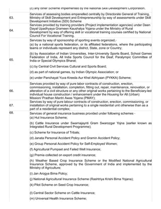 (c) any other Scheme implemented by the National Skill Development Corporation.
63.
Services of assessing bodies empanelled centrally by Directorate General of Training,
Ministry of Skill Development and Entrepreneurship by way of assessments under Skill
Development Initiative (SDI) Scheme
64.
Services provided by training providers (Project implementation agencies) under Deen
Dayal Upadhyaya Grameen Kaushalya Yojana under the Ministry of Rural
Development by way of offering skill or vocational training courses certified by National
Council For Vocational Training.
65.
Services by way of sponsorship of sporting events organized,‑
(a) by a national sports federation, or its affiliated federations, where the participating
teams or individuals represent any district, State, zone or Country;
(b) by Association of Indian Universities, Inter­University Sports Board, School Games
Federation  of  India,  All  India  Sports  Council  for  the  Deaf,  Paralympic  Committee  of
India or Special Olympics Bharat;
(c) by Central Civil Services Cultural and Sports Board;
(d) as part of national games, by Indian Olympic Association; or
(e) under Panchayat Yuva Kreeda Aur Khel Abhiyaan (PYKKA) Scheme;
66.
Services provided by way of pure labor contracts of construction, erection,
commissioning, installation, completion, fitting out, repair, maintenance, renovation, or
alteration of a civil structure or any other original works pertaining to the Beneficiary­led
individual house construction / enhancement under the Housing for All (Urban)
Mission/ Pradhan Mantri Awas Yojana (PMAY);
67.
Services by way of pure labour contracts of construction, erection, commissioning, or
installation of original works pertaining to a single residential unit otherwise than as a
part of a residential complex;
68. Services of general insurance business provided under following schemes ‑
(a) Hut Insurance Scheme;
(b)  Cattle  Insurance  under  Swarnajaynti  Gram  Swarozgar  Yojna  (earlier  known  as
Integrated Rural Development Programme);
(c) Scheme for Insurance of Tribals;
(d) Janata Personal Accident Policy and Gramin Accident Policy;
(e) Group Personal Accident Policy for Self­Employed Women;
(f) Agricultural Pumpset and Failed Well Insurance;
(g) Premia collected on export credit insurance;
(h)  Weather  Based  Crop  Insurance  Scheme  or  the  Modified  National  Agricultural
Insurance  Scheme,  approved  by  the  Government  of  India  and  implemented  by  the
Ministry of Agriculture;
(i) Jan Arogya Bima Policy;
(j) National Agricultural Insurance Scheme (Rashtriya Krishi Bima Yojana);
(k) Pilot Scheme on Seed Crop Insurance;
(l) Central Sector Scheme on Cattle Insurance;
(m) Universal Health Insurance Scheme;
 