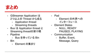 まとめ
- GStreamer Application は
2つ以上の Thread から成る
- Application thread
- Streaming threads
- Bus は Application thread と
Streaming threadの架け橋
- Pipeline
- Bus を持っている Bin
- Bin
- Element の集まり
- Pad
- Element の外界への
インターフェース
- Element States
- NULL, READY
PAUSED, PLAYING
- Communication
- Buffer, Event,
Message, Query
 