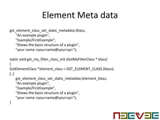 Element Meta data
gst_element_class_set_static_metadata (klass,
"An example plugin",
"Example/FirstExample",
"Shows the basic structure of a plugin",
"your name <your.name@your.isp>");
static void gst_my_filter_class_init (GstMyFilterClass * klass)
{
GstElementClass *element_class = GST_ELEMENT_CLASS (klass);
[..]
gst_element_class_set_static_metadata (element_klass,
"An example plugin",
"Example/FirstExample",
"Shows the basic structure of a plugin",
"your name <your.name@your.isp>");
}
 