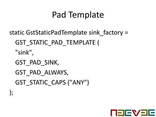 Pad Template
static GstStaticPadTemplate sink_factory =
GST_STATIC_PAD_TEMPLATE (
"sink",
GST_PAD_SINK,
GST_PAD_ALWAYS,
GST_STATIC_CAPS ("ANY")
);
 