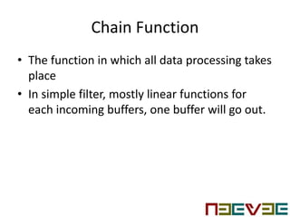 Chain Function
• The function in which all data processing takes
place
• In simple filter, mostly linear functions for
each incoming buffers, one buffer will go out.
 