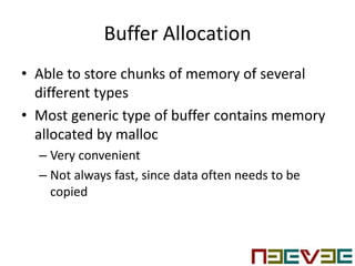 Buffer Allocation
• Able to store chunks of memory of several
different types
• Most generic type of buffer contains memory
allocated by malloc
– Very convenient
– Not always fast, since data often needs to be
copied
 