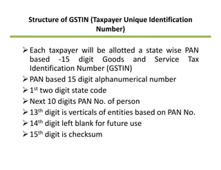 Structure of GSTIN (Taxpayer Unique Identification 
Number)Number)
Each taxpayer will be allotted a state wise PANac ta paye be a otted a state se
based ‐15 digit Goods and Service Tax
Identification Number (GSTIN)
PAN based 15 digit alphanumerical number
1st two digit state code
Next 10 digits PAN No. of person
13th digit is verticals of entities based on PAN No.
14th digit left blank for future use
15th digit is checksum
 