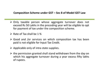 Composition Scheme under GST – Sec 8 of Model GST Lawp
Only taxable person whose aggregate turnover does not
exceed Rs 50 Lakhs in the preceding year will be eligible to opt
for payment of tax under the composition scheme.
R t f T h ll b 1 %Rate of Tax shall be 1 %
Good and /or services on which composition tax has been
paid is not eligible for Input Tax Creditpaid is not eligible for Input Tax Credit.
Applicable only of intra state supplies.
h d h ll d hd f h dthe permission granted shall stand withdrawn from the day on
which his aggregate turnover during a year excess fifty lakhs
of rupees.
 