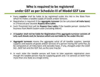 Who is required to be registered 
under GST as per Schedule‐III of Model GST Law
Every supplier shall be liable to be registered under this Act in the State from
which he makes a taxable supply of Goods and/or Services.
Registration is required if the aggregate turnover (to be calculated all India basis)
in a financial year exceeds Rupees Nine Lakhsin a financial year exceeds Rupees Nine Lakhs
Such Threshold limit will be Rupees Four Lakhs if the taxable person conduct his
business from North Eastern state (including Sikkim)
A Supplier shall not be liable for Registration if his aggregate turnover consists ofA Supplier shall not be liable for Registration if his aggregate turnover consists of
only such Goods and /or Services which are not liable to Tax under this Act
Aggregate turnover means the aggregate value of all taxable supplies, exempt
supplies and exports of goods and/or services of a person having the same Pan tosupplies and exports of goods and/or services of a person having the same Pan, to
be computed on all India basis and excludes taxes, if any, charged under the CGST
Act , SGST Act and the IGST Act, as the case may be.
I h t t th t bl ill h t t k t i t tiIn each state the taxable person will have to take separate registration even
though the taxable person may be supplying goods and / or services or both from
more than one State as a Single entity.
 