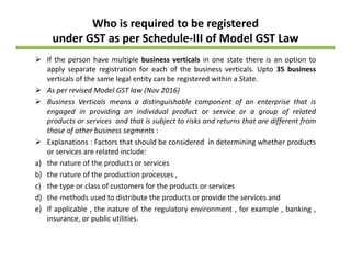 Who is required to be registered 
under GST as per Schedule‐III of Model GST Law
If the person have multiple business verticals in one state there is an option to
apply separate registration for each of the business verticals. Upto 35 business
verticals of the same legal entity can be registered within a State.
As per revised Model GST law (Nov 2016)
Business Verticals means a distinguishable component of an enterprise that is
engaged in providing an individual product or service or a group of related
d i d h i bj i k d h diff fproducts or services and that is subject to risks and returns that are different from
those of other business segments :
Explanations : Factors that should be considered in determining whether products
or services are related include:or services are related include:
a) the nature of the products or services
b) the nature of the production processes ,
c) the type or class of customers for the products or servicesc) the type or class of customers for the products or services
d) the methods used to distribute the products or provide the services and
e) If applicable , the nature of the regulatory environment , for example , banking ,
insurance, or public utilities.insurance, or public utilities.
 