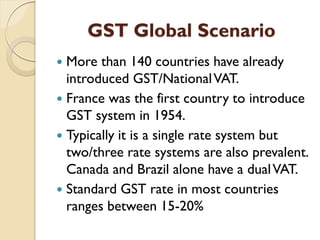 GST Global Scenario
 More than 140 countries have already
introduced GST/NationalVAT.
 France was the first country to introduce
GST system in 1954.
 Typically it is a single rate system but
two/three rate systems are also prevalent.
Canada and Brazil alone have a dualVAT.
 Standard GST rate in most countries
ranges between 15-20%
 