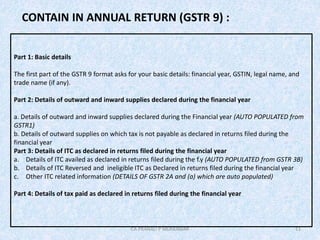 11
CONTAIN IN ANNUAL RETURN (GSTR 9) :
Part 1: Basic details
The first part of the GSTR 9 format asks for your basic details: financial year, GSTIN, legal name, and
trade name (if any).
Part 2: Details of outward and inward supplies declared during the financial year
a. Details of outward and inward supplies declared during the Financial year (AUTO POPULATED from
GSTR1)
b. Details of outward supplies on which tax is not payable as declared in returns filed during the
financial year
Part 3: Details of ITC as declared in returns filed during the financial year
a. Details of ITC availed as declared in returns filed during the f.y (AUTO POPULATED from GSTR 3B)
b. Details of ITC Reversed and ineligible ITC as Declared in returns filed during the financial year
c. Other ITC related information (DETAILS OF GSTR 2A and (a) which are auto populated)
Part 4: Details of tax paid as declared in returns filed during the financial year
CA PRANALI P MUKKAWAR
 