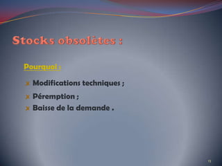 Pourquoi :
Modifications techniques ;
Péremption ;
Baisse de la demande .
13
 