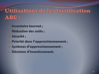 Inventaire tournat ;
Réduction des coûts ;
Sécurité ;
Priorité dans l’approvisionnement ;
Systèmes d’approvisionnement ;
Décisions d’investissement.
16
 
