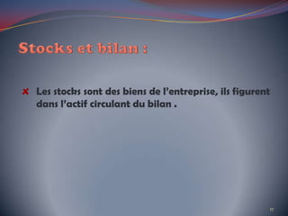 Les stocks sont des biens de l’entreprise, ils figurent
dans l’actif circulant du bilan .
17
 