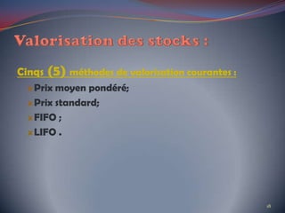 Cinqs (5) méthodes de valorisation courantes :
Prix moyen pondéré;
Prix standard;
FIFO ;
LIFO .
18
 
