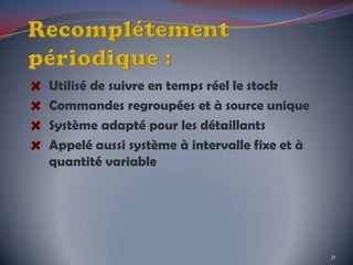 Utilisé de suivre en temps réel le stock
Commandes regroupées et à source unique
Système adapté pour les détaillants
Appelé aussi système à intervalle fixe et à
quantité variable
31
 